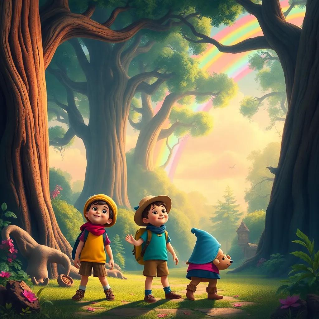 Three children, exploring a magical forest filled with enormous trees and bright rainbow skies, they discover talking animals and friendly witches, colorful, enchanting scene, depicting adventure and excitement, rich in detail