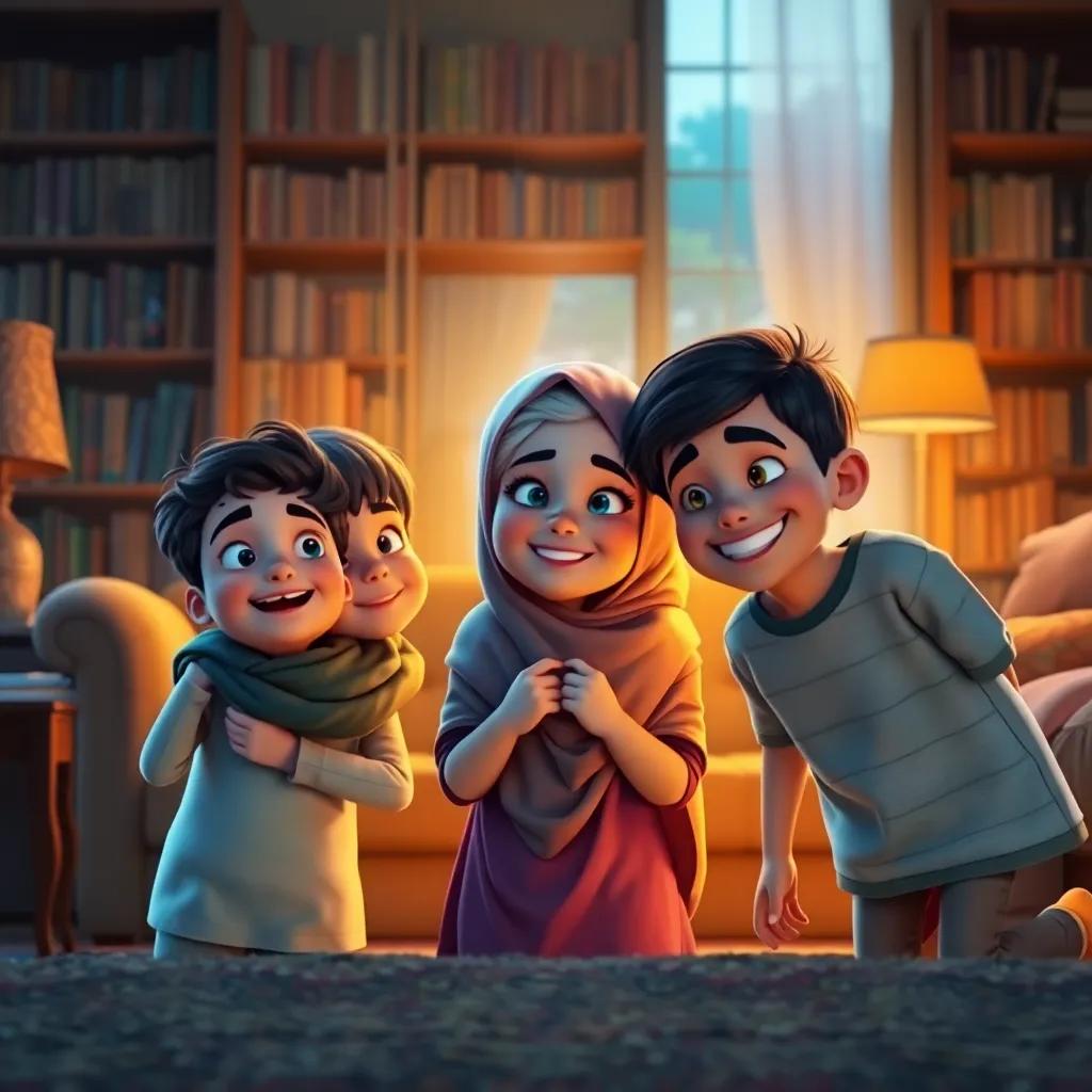 Three children, Sami, Leila, and Ahmed, back in their cozy living room, looking amazed and joyful, with the grandmother smiling and surrounded by the warm glow of the library, capturing the warmth of familial love, heartwarming light, inviting atmosphere
