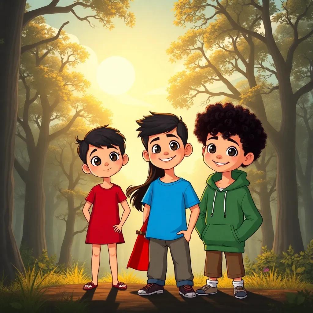 A sunny day with Hamed, a 11-year-old Arab boy with short black hair and wearing a bright blue t-shirt, Sarah, an 11-year-old Arab girl with long dark hair wearing a red dress, and Zaid, an 11-year-old Arab boy with curly hair wearing a green hoodie, standing at the edge of a spooky forest, filled with dense trees and eerie shadows, digital art, vibrant colors, cheerful atmosphere, high quality