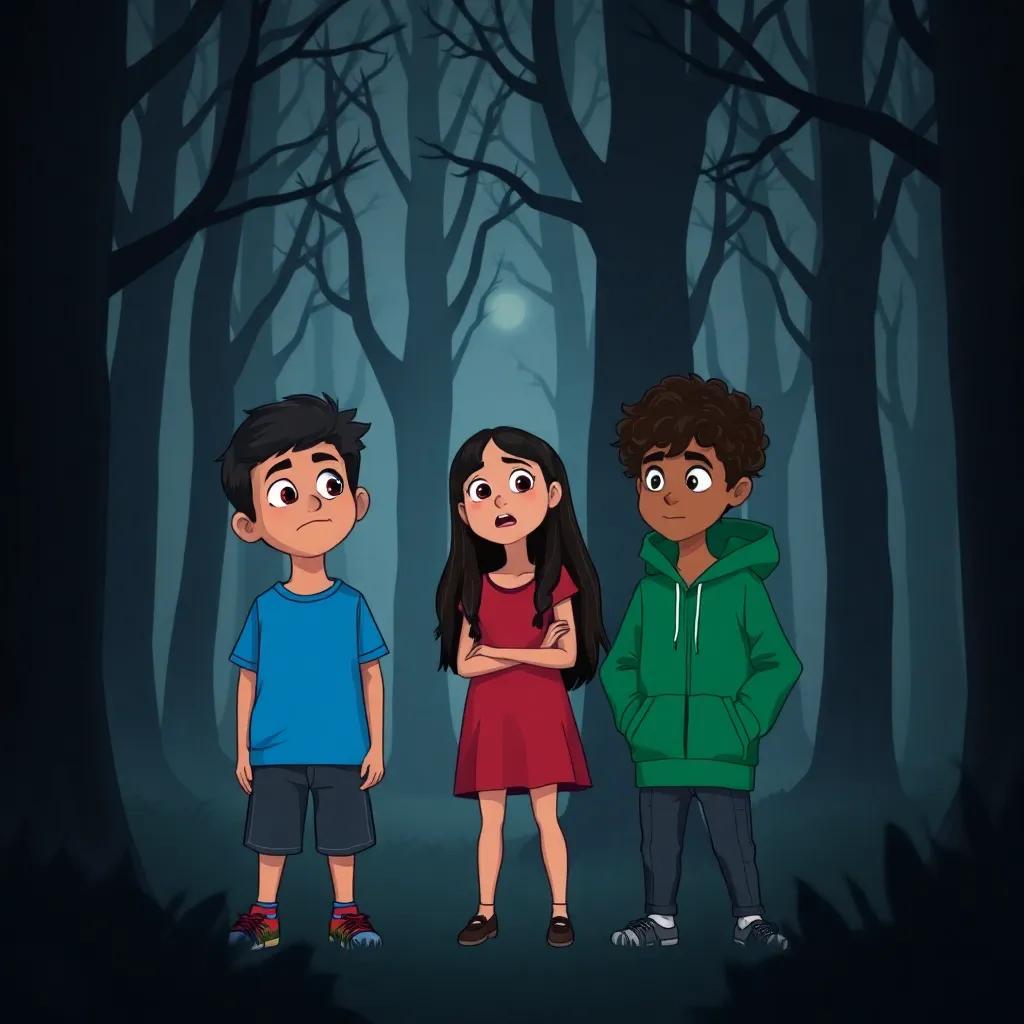 Hamed, an 11-year-old Arab boy with short black hair wearing a bright blue t-shirt, Sarah, an 11-year-old Arab girl with long dark hair in a red dress, and Zaid, an 11-year-old Arab boy with curly hair in a green hoodie, standing in a dark forest with eerie trees and whispers, looking startled as they hear a creaking sound, realistic illustration, dark tones, suspenseful, high quality