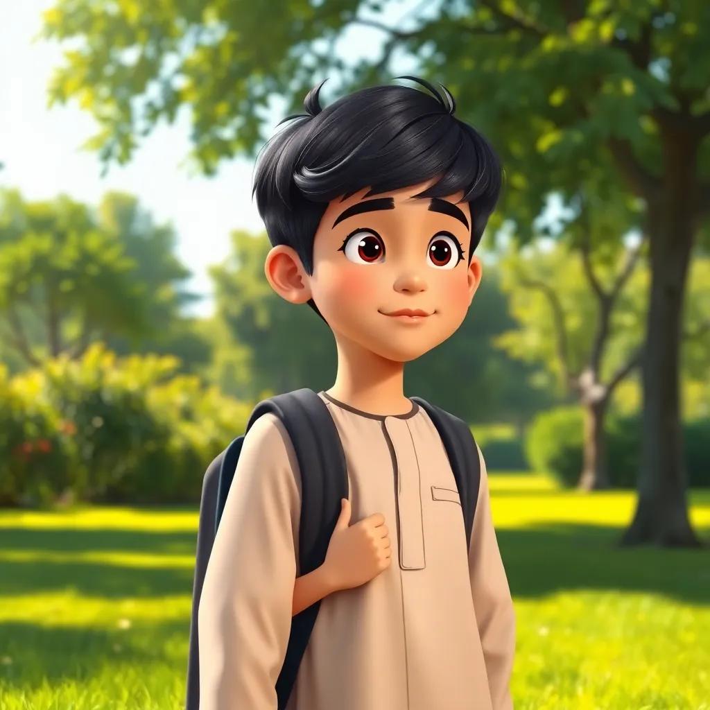 A young Omani boy, Adel, with short black hair wearing a traditional Omani dishdasha, standing in a lush green park with a school bag and looking thoughtfully; bright sunny morning, cheerful atmosphere, digital art, vibrant colors, high quality