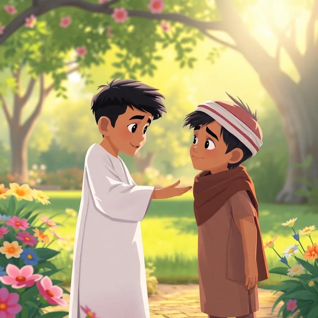 Adel, a young Omani boy with short black hair in a traditional dishdasha, gently approaching another boy, Sami, who looks sad in the corner of the park; colorful flowers surrounding, soft sunlight, emotional connection, illustration, child-friendly