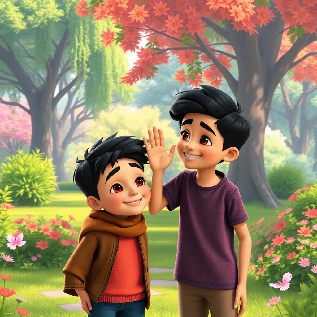 Adel placing a comforting hand on Sami's shoulder, reassuring him with a warm smile, both boys in a lush park with trees and flowers, bright colors, warmth and compassion, digital art, relatable