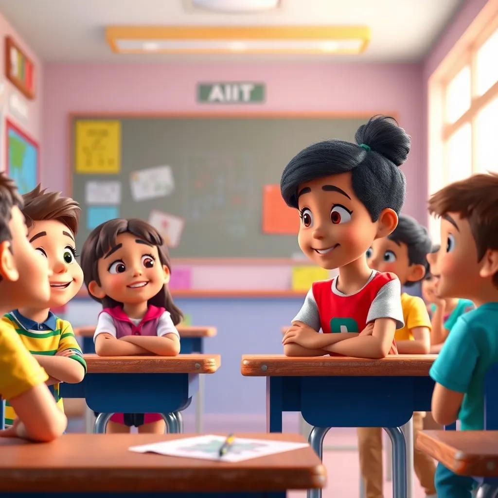 A classroom scene where Adel is explaining the importance of respect to other children, vibrant faces, colorful classroom, children listening intently, engaging atmosphere, high quality, educational