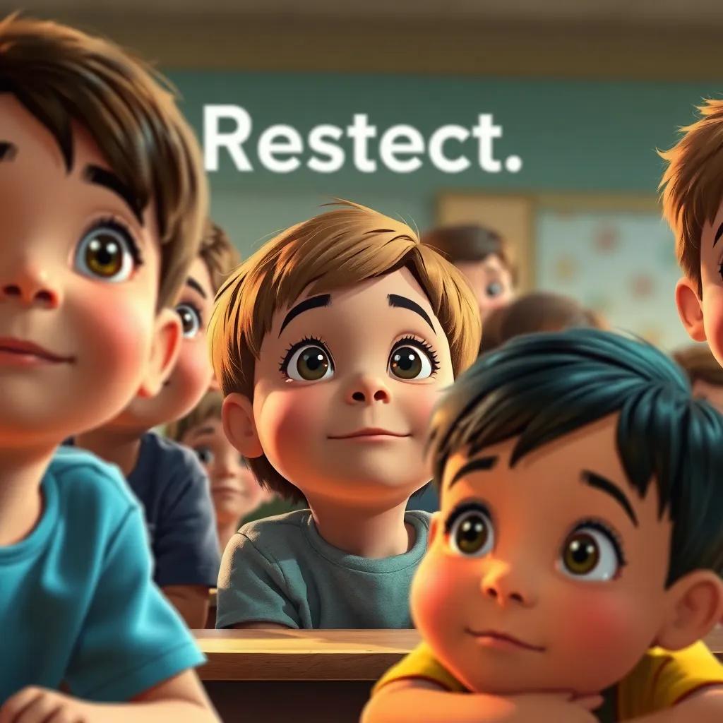A close-up of children's faces in the classroom, their eyes shining with understanding as they ponder respect, warm colors, uplifting mood, digital painting, inspiring