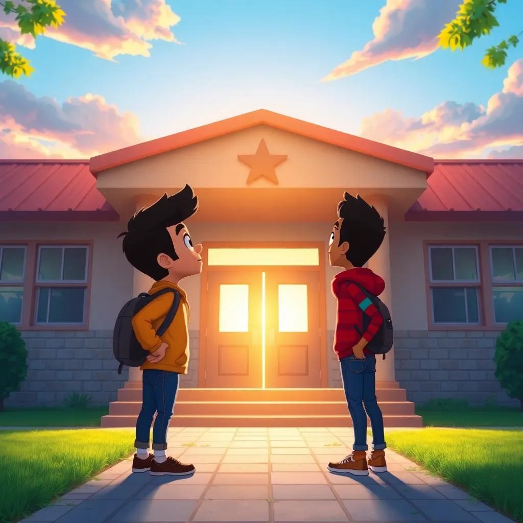 Adel and Sami standing at the school's front step looking at a bright blue sky, filled with hope and friendship, warm colors, beautiful evening light, heartwarming scene, high quality, positive vibe