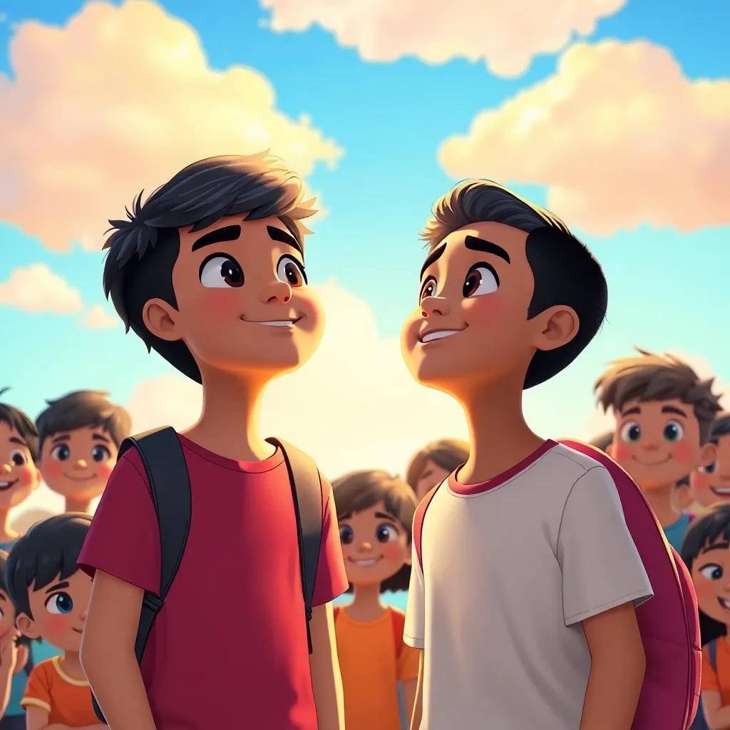 Adel and Sami gazing thoughtfully at the sky, surrounded by their classmates who are smiling and respecting one another, bright and colorful environment, celebrating unity, digital art, inclusive