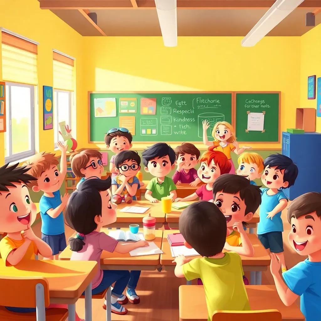 A lively classroom where all children are engaged in respectful activities, vibrant colors, happy atmosphere, showing acts of kindness and friendship, digital painting, positive energy.