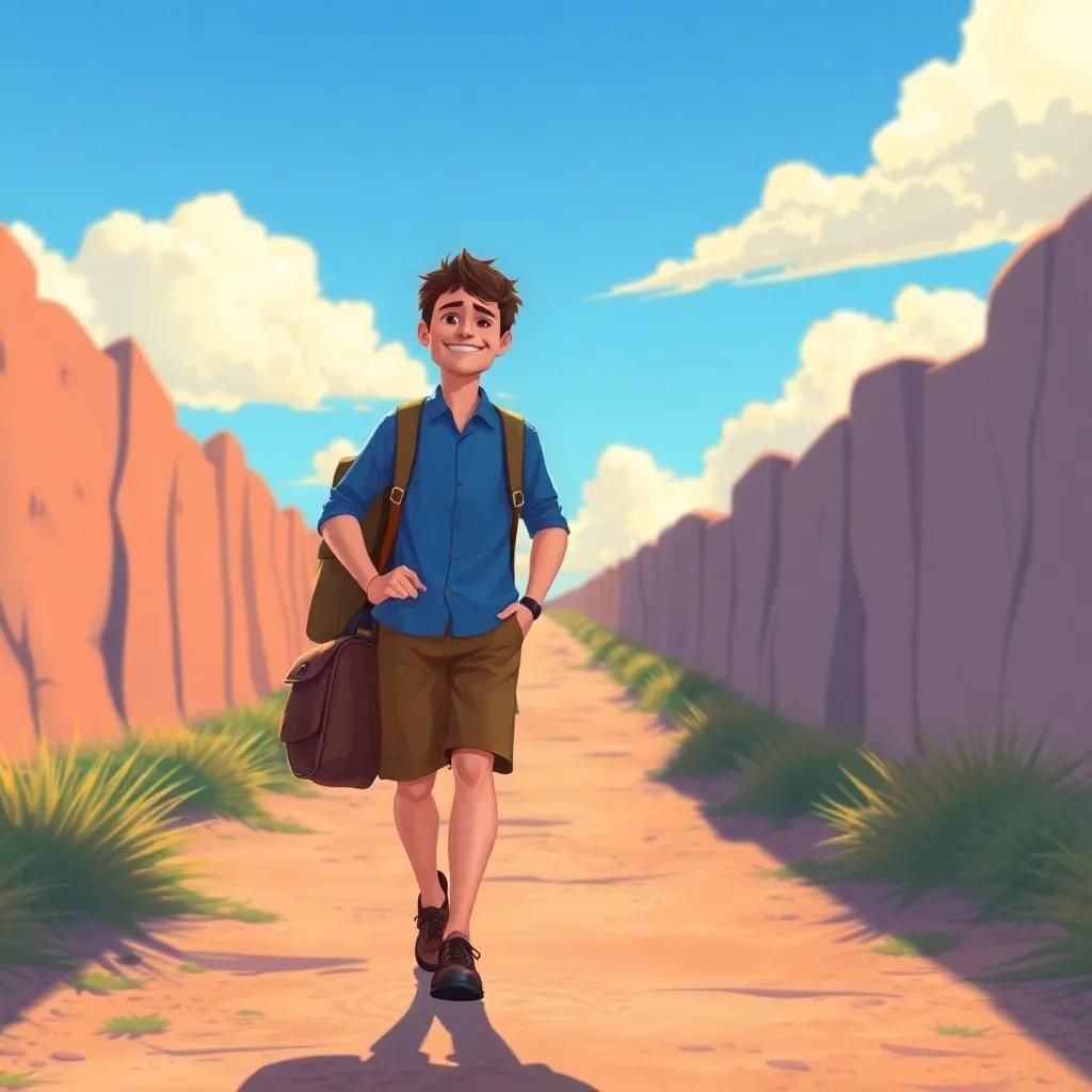 A traveler walking on a bright sunny day, holding a big bag, looking tired but happy, with a long path behind him, digital art, warm colors, inviting atmosphere, high quality