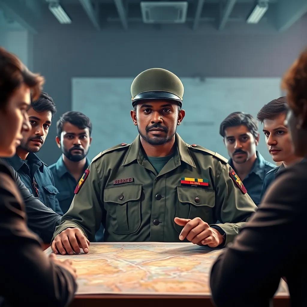 A determined soldier, Tuni, in military uniform leading a meeting, surrounded by focused team members and a large map, ambitious atmosphere, vibrant colors, sharp focus, digital painting, engaging, high quality