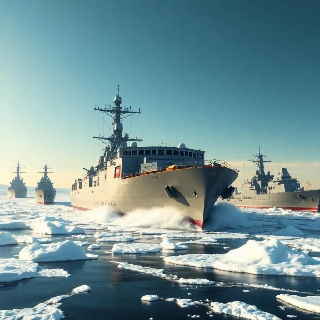 A large military ship with advanced technology sailing through icy waters, guarded by two warships on either side, bright colors under a clear sky, emphasizing strength and security, detailed illustration, child-friendly, high quality