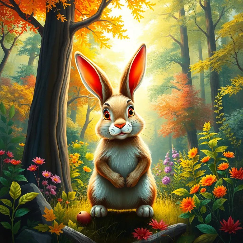 A beautiful forest scene with a mischievous rabbit named Rami, looking sly and sneaky, colorful trees and plants around him, bright sunlight, cheerful atmosphere, warm colors, inviting view, high quality