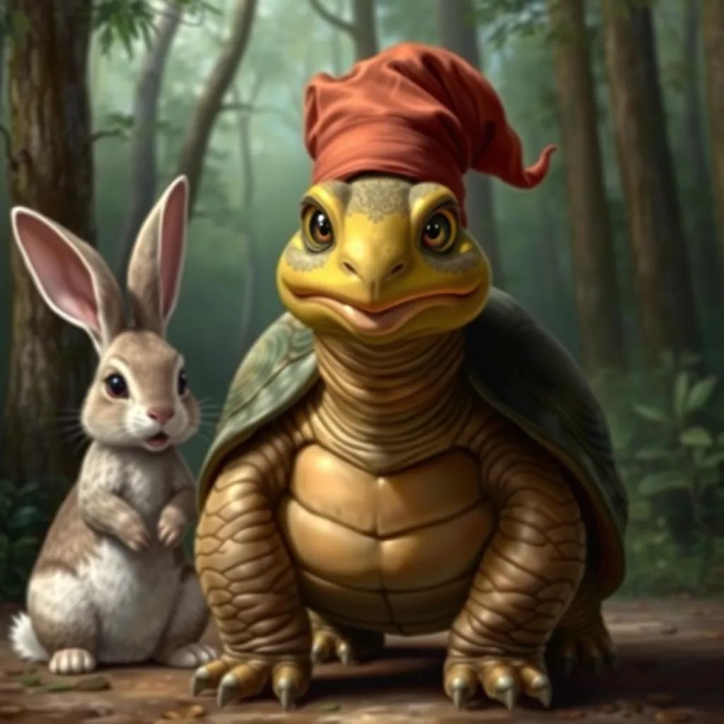 A wise tortoise named Sara, with a gentle smile and sharp eyes, standing bravely in front of Rami the rabbit, the forest in the background, detailed illustration, strong and confident pose, vibrant colors, inspiring scene, high quality