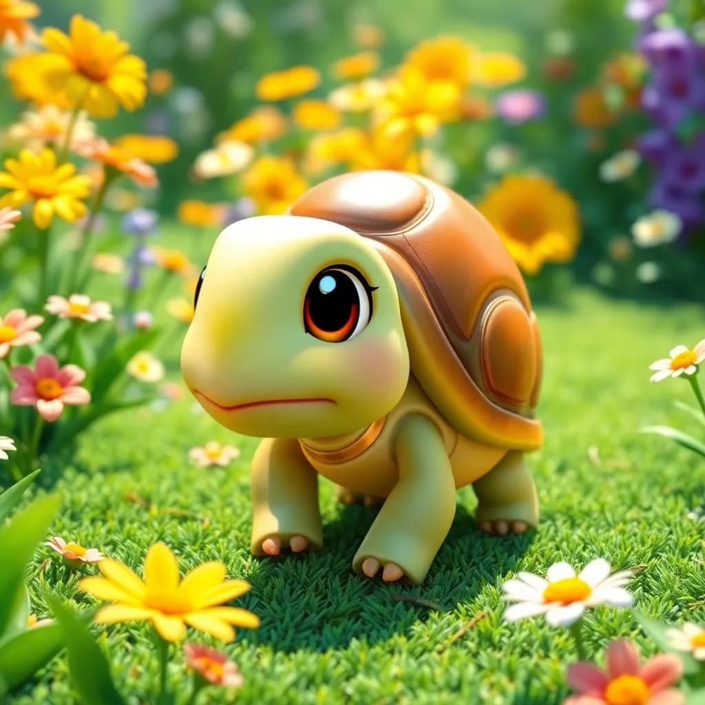 A small turtle named Sara, with a shiny shell and big eyes, walking slowly in a bright green garden filled with colorful flowers, cheerful atmosphere, digital art, vibrant colors, inviting scene, high quality
