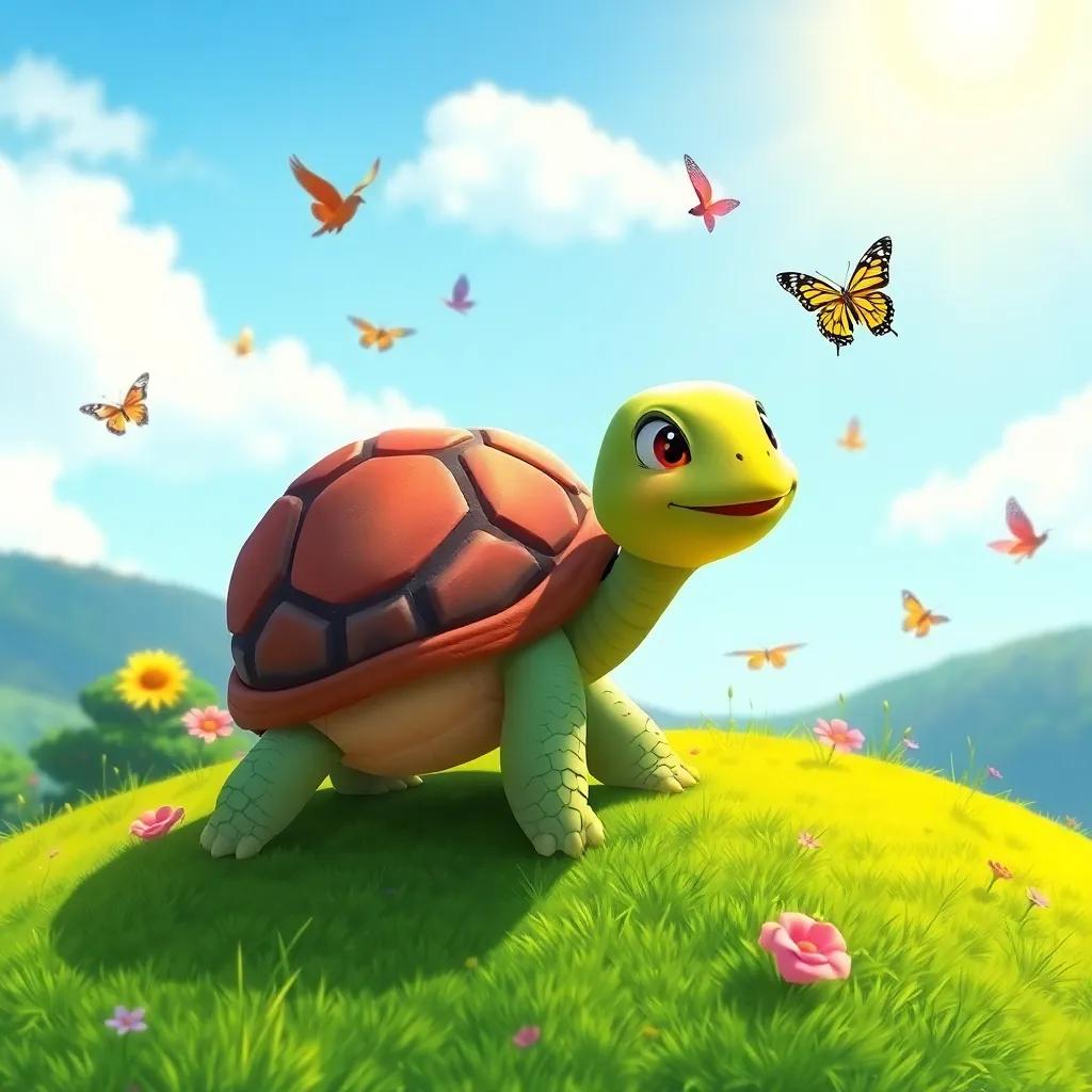 Sara the turtle, climbing slowly up a hill under a sunny sky, looking at butterflies and birds, with a smile on her face, cheerful, colorful landscape, bright light, high quality