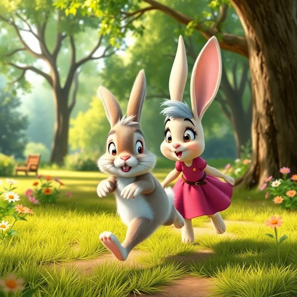 A fast rabbit, with fluffy fur and twitchy ears, hopping beside Sara, looking surprised, in a lush green park with trees and flowers, storybook style, playful mood, bright colors, high quality