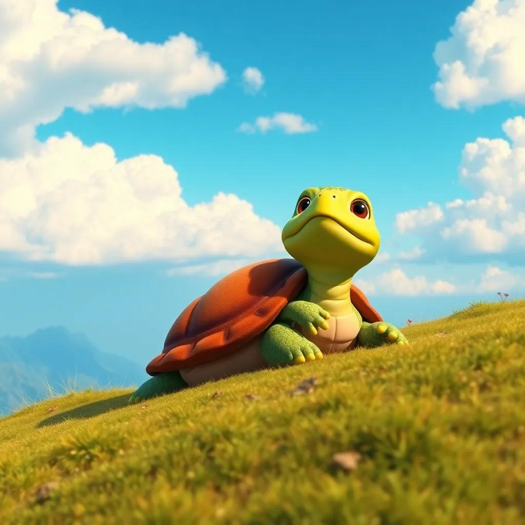 Sara the turtle resting on the hill, enjoying the beautiful view of the blue sky and white clouds, overwhelmed with happiness, bright and colorful, warm light, high quality