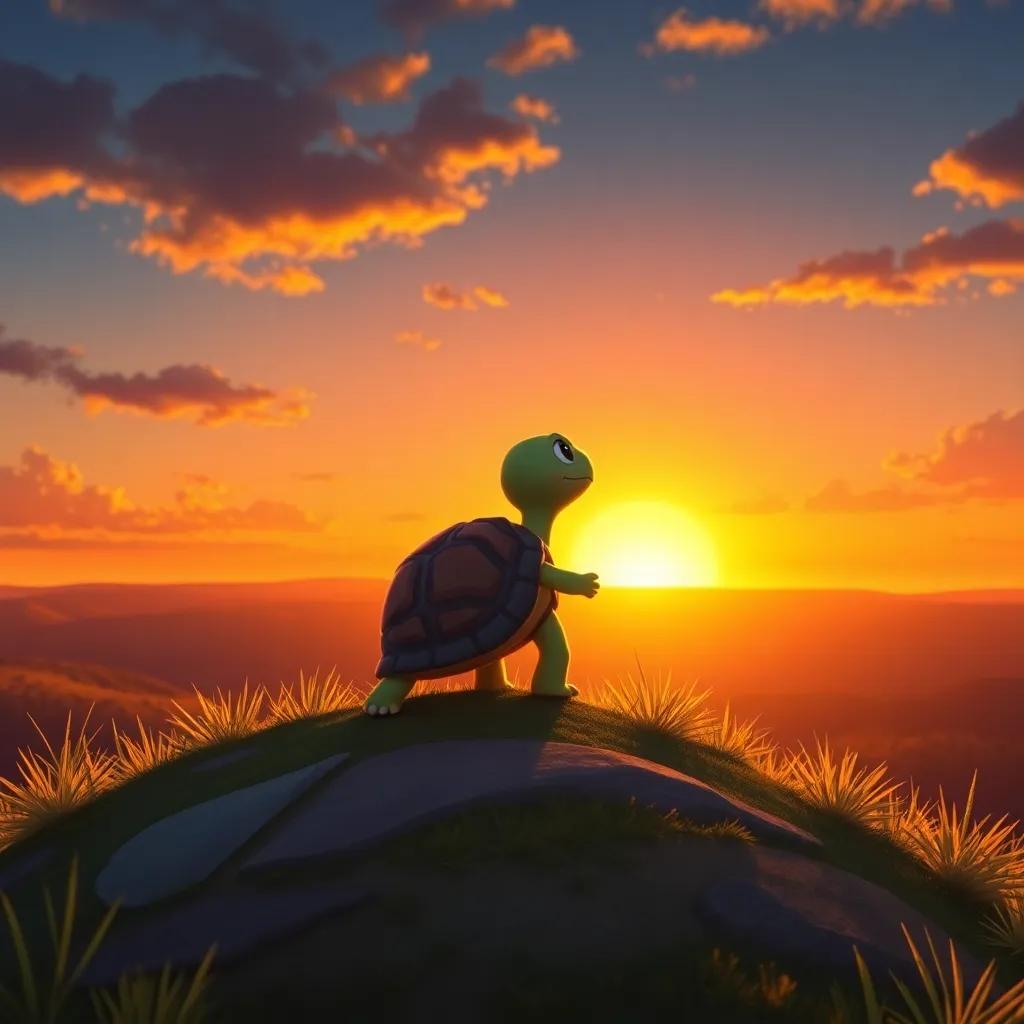 Sara the turtle on top of a hill, looking at a stunning sunset with sun rays shining, feeling proud of her journey and accomplishment, inspiring scene, vibrant colors, heartwarming, high quality