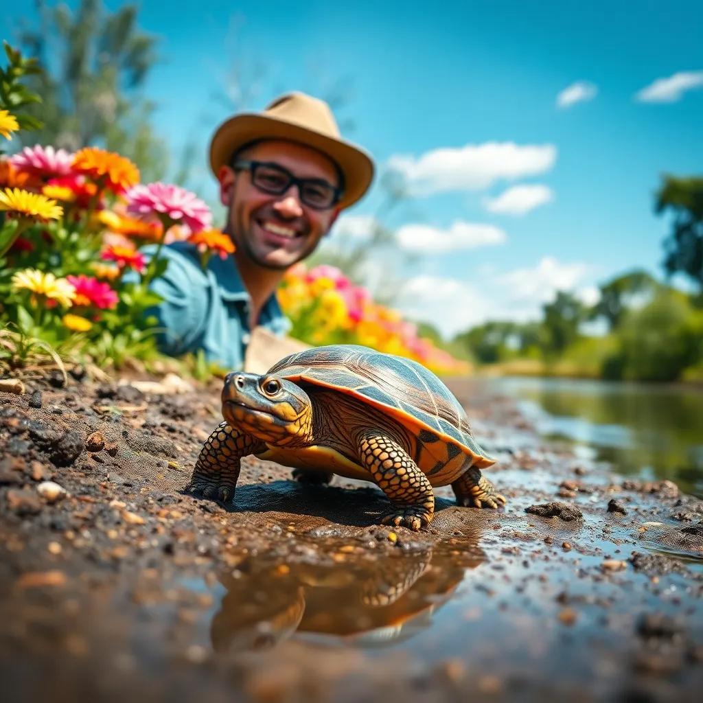 A small turtle walking slowly by the riverbank, a sunny day, a man nearby with a smile, colorful flowers around, bright blue sky, cheerful atmosphere