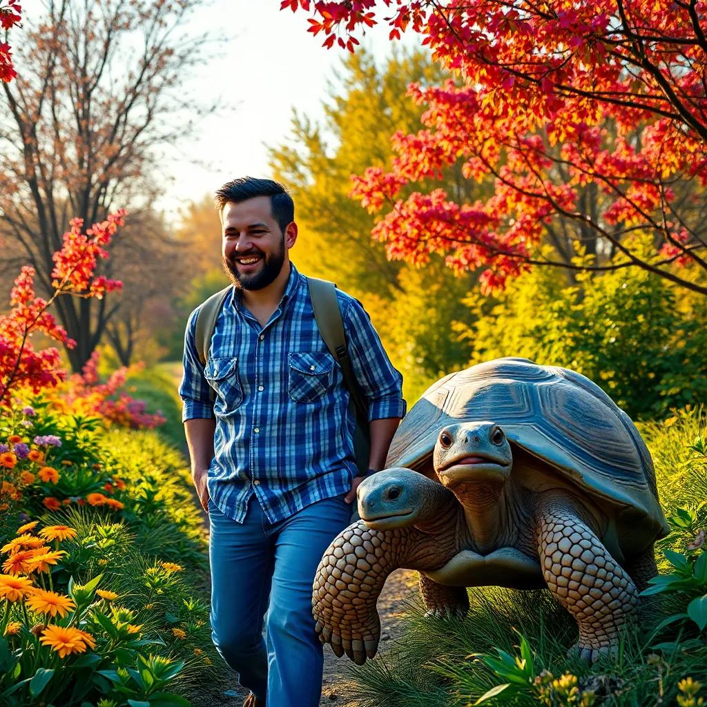 A man walking alongside the turtle, both admiring flowers and trees, vibrant colors, happy expressions, warm sunlight, exploration vibe