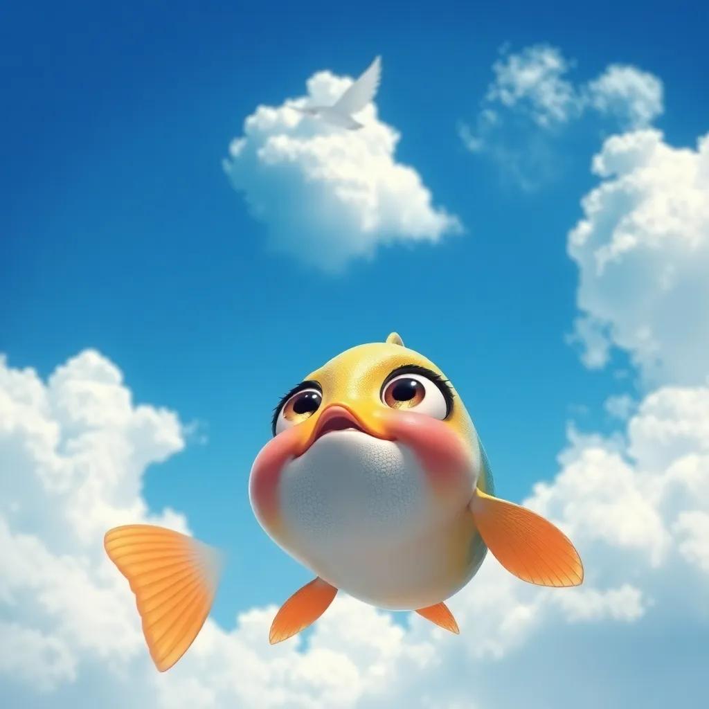 A small fish, Layla, with shiny scales and big bright eyes, looking up at the blue sky filled with fluffy clouds and a bird flying above, digital art, vibrant colors, cheerful atmosphere