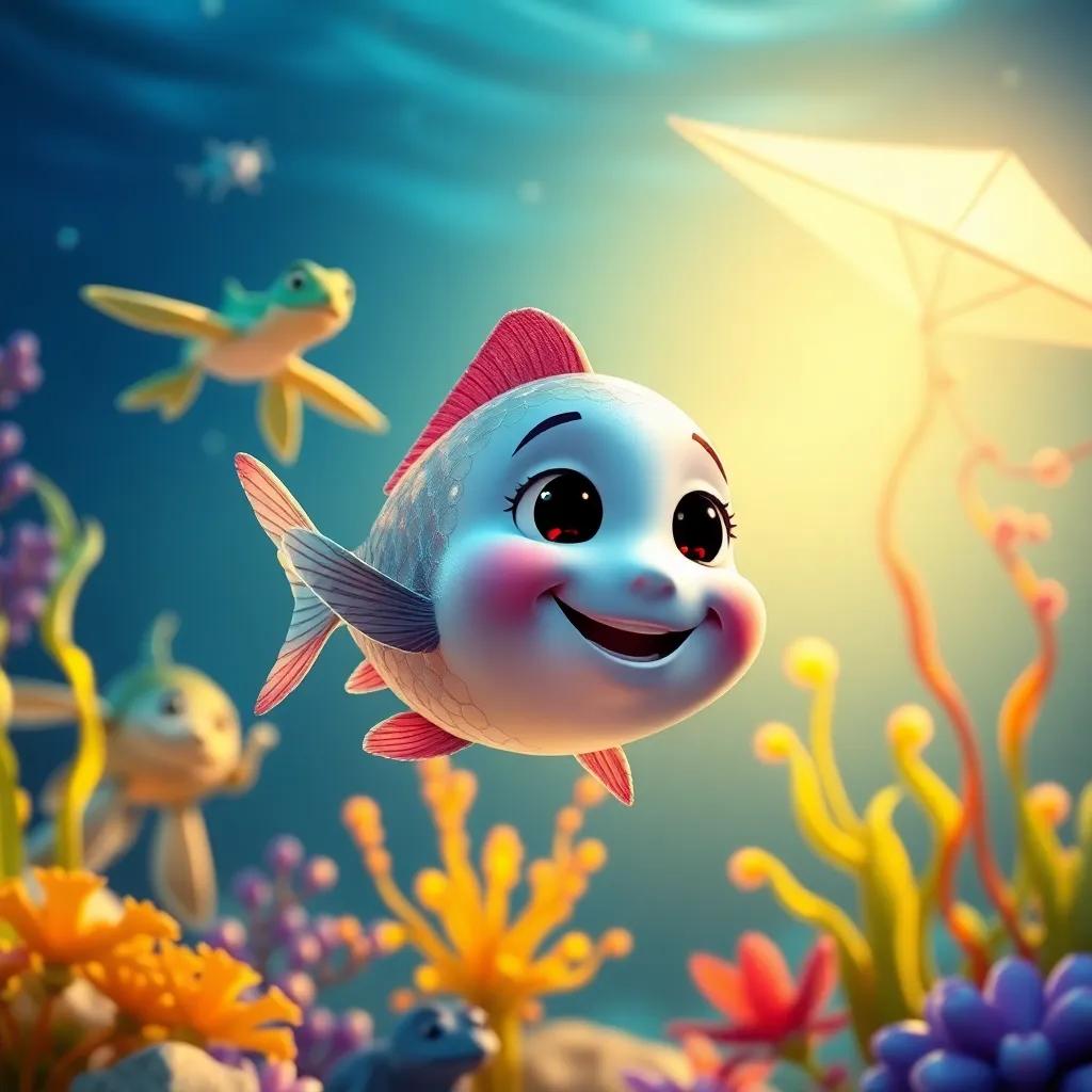 Layla, the small fish with shiny scales, surrounded by her friends like a turtle, with colorful sea plants and a big paper kite, joyful scene, underwater view, bright and warm light