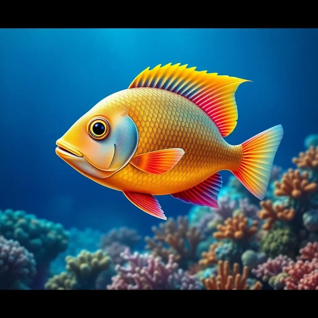 A beautiful fish, with shimmering golden scales and colorful fins, swimming gracefully in the deep blue sea, surrounded by coral reefs, digital art, bright colors, vibrant underwater scenery, high quality