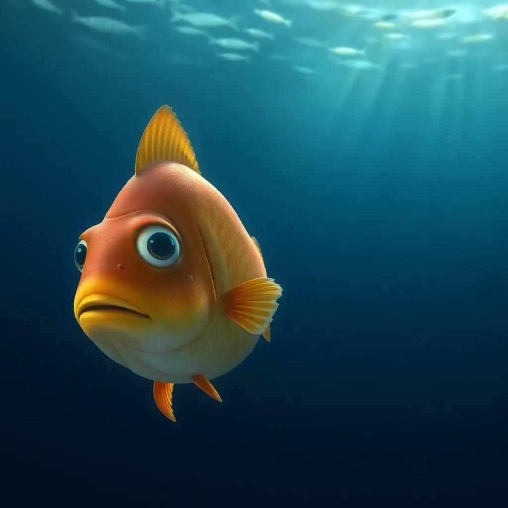 A side view of the beautiful fish, alone in the vast ocean, looking sad as the background shows distant shadows of other fish swimming away, emotional scene, soft light, cool tones, high quality