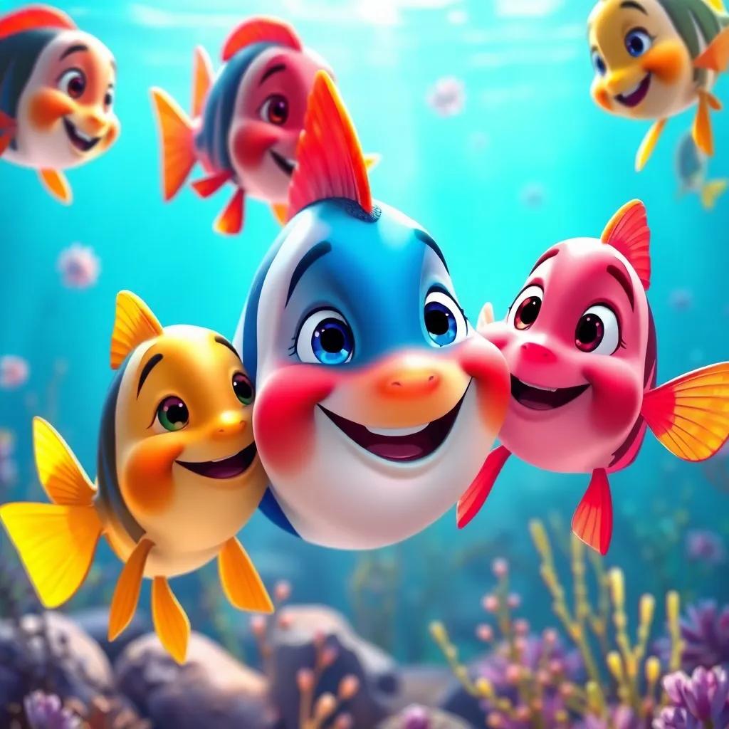 The beautiful fish, joyfully reuniting with her friends in a vibrant underwater scene, filled with colors and happy expressions, illustrating the theme of friendship, digital art, bright colors, cheerful atmosphere, high quality