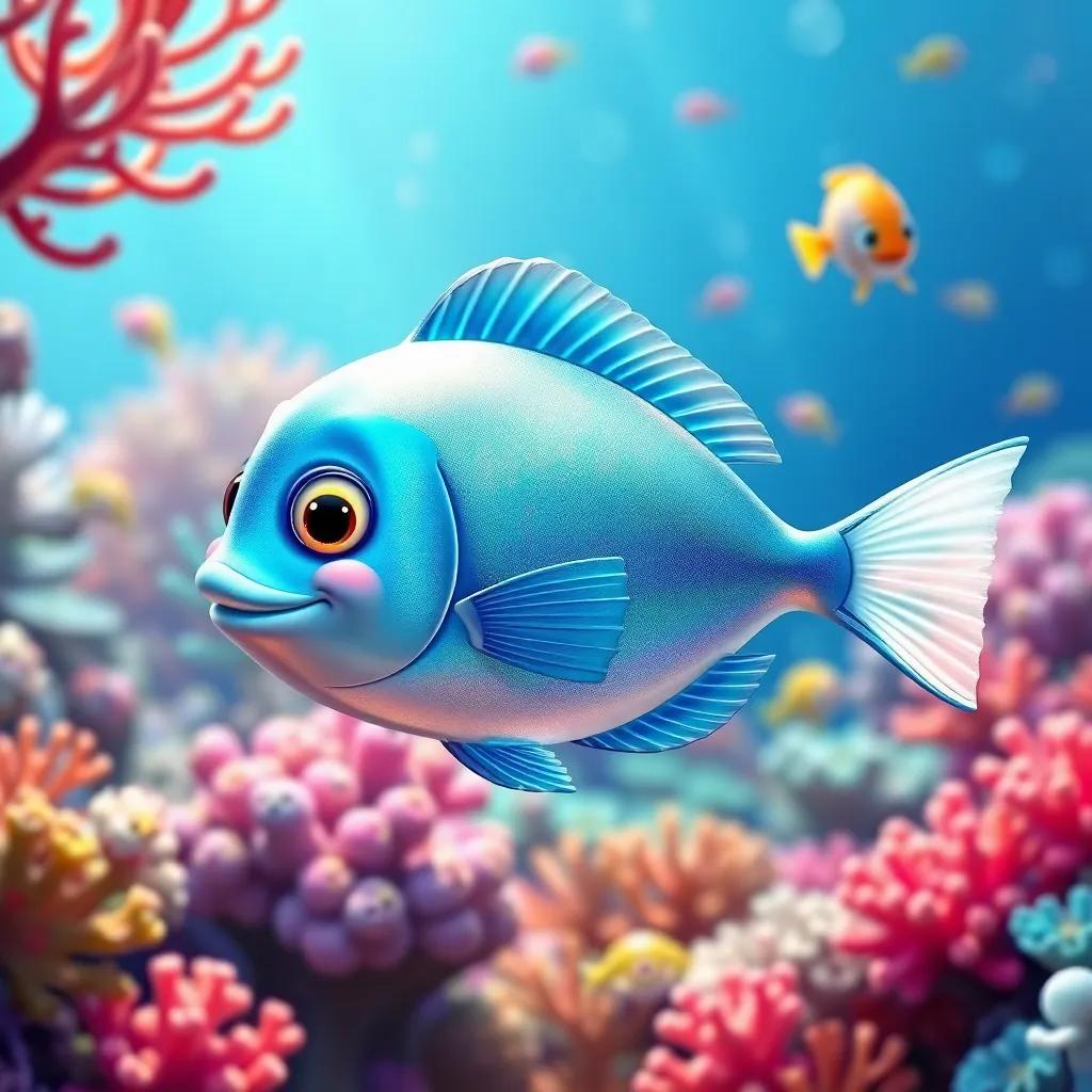 A beautiful fish, Loulou, with shimmering blue and silver colors, swimming in a vibrant coral reef, friendly sea creatures all around, digital art, bright colors, joyful atmosphere, high quality
