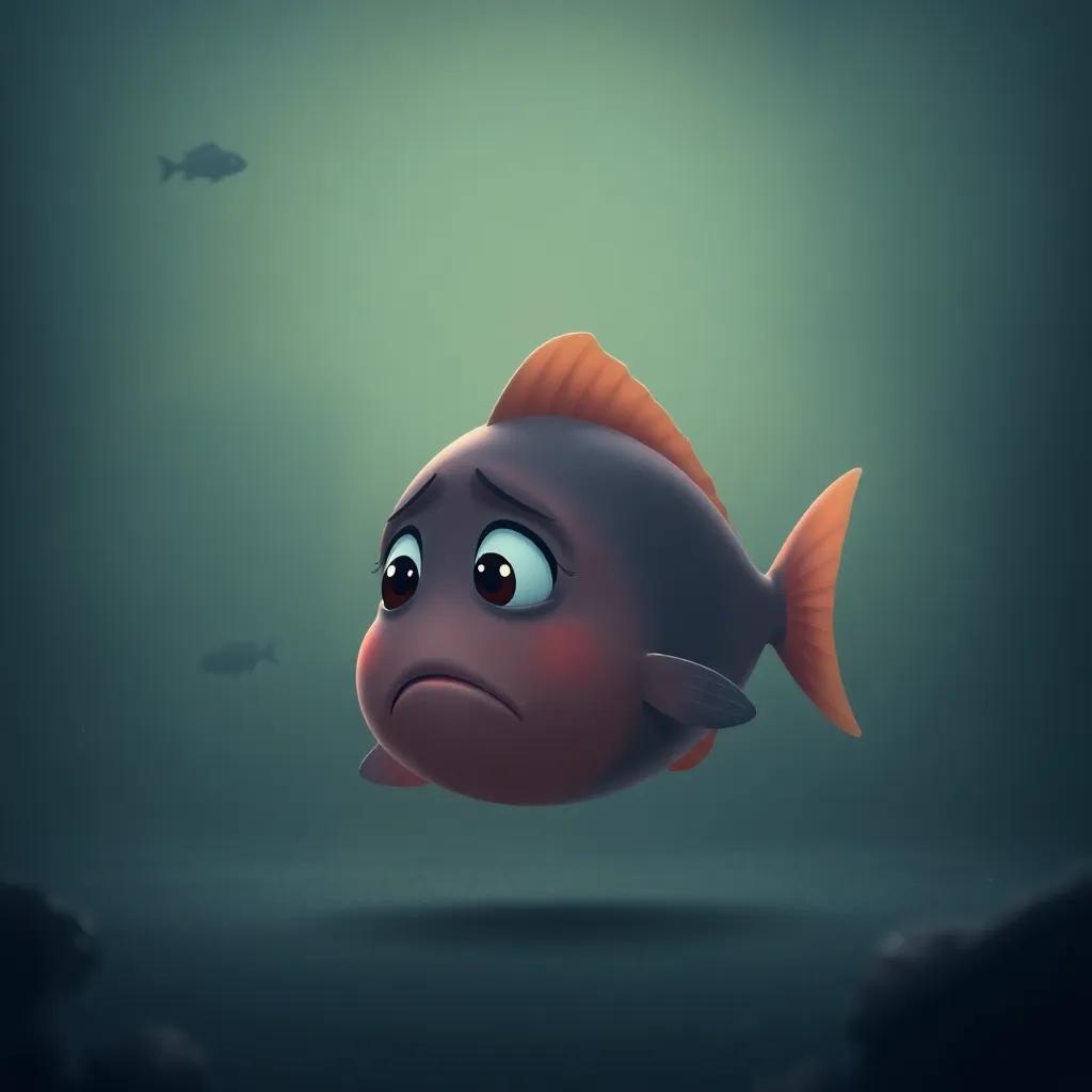 Loulou the fish looking sad, swimming alone in a part of the sea devoid of other fish, with dull colors and a gloomy atmosphere, digital illustration, soft light, muted colors, emotional perspective