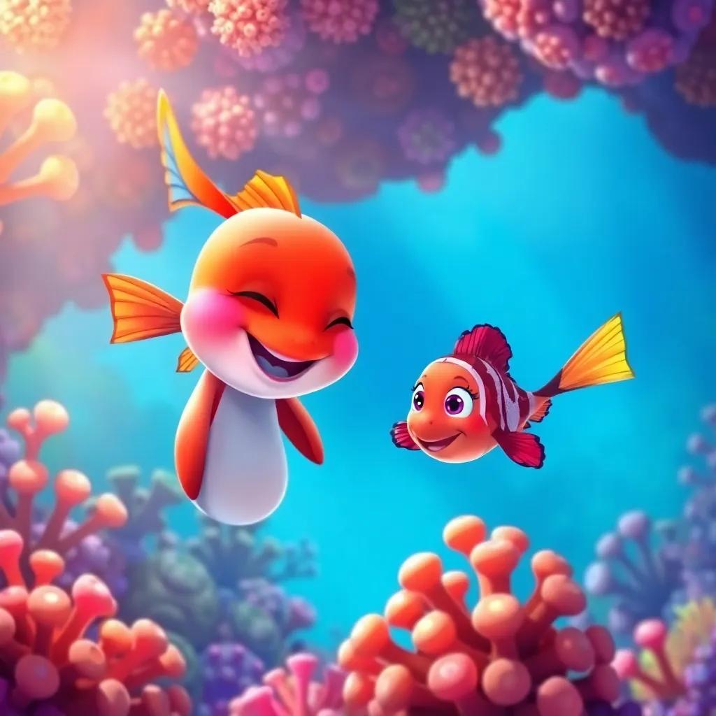 Loulou meeting a small red fish named Sukar, both smiling and playing together, surrounded by colorful corals, bright and cheerful underwater scene, digital painting, uplifting colors, engaging composition