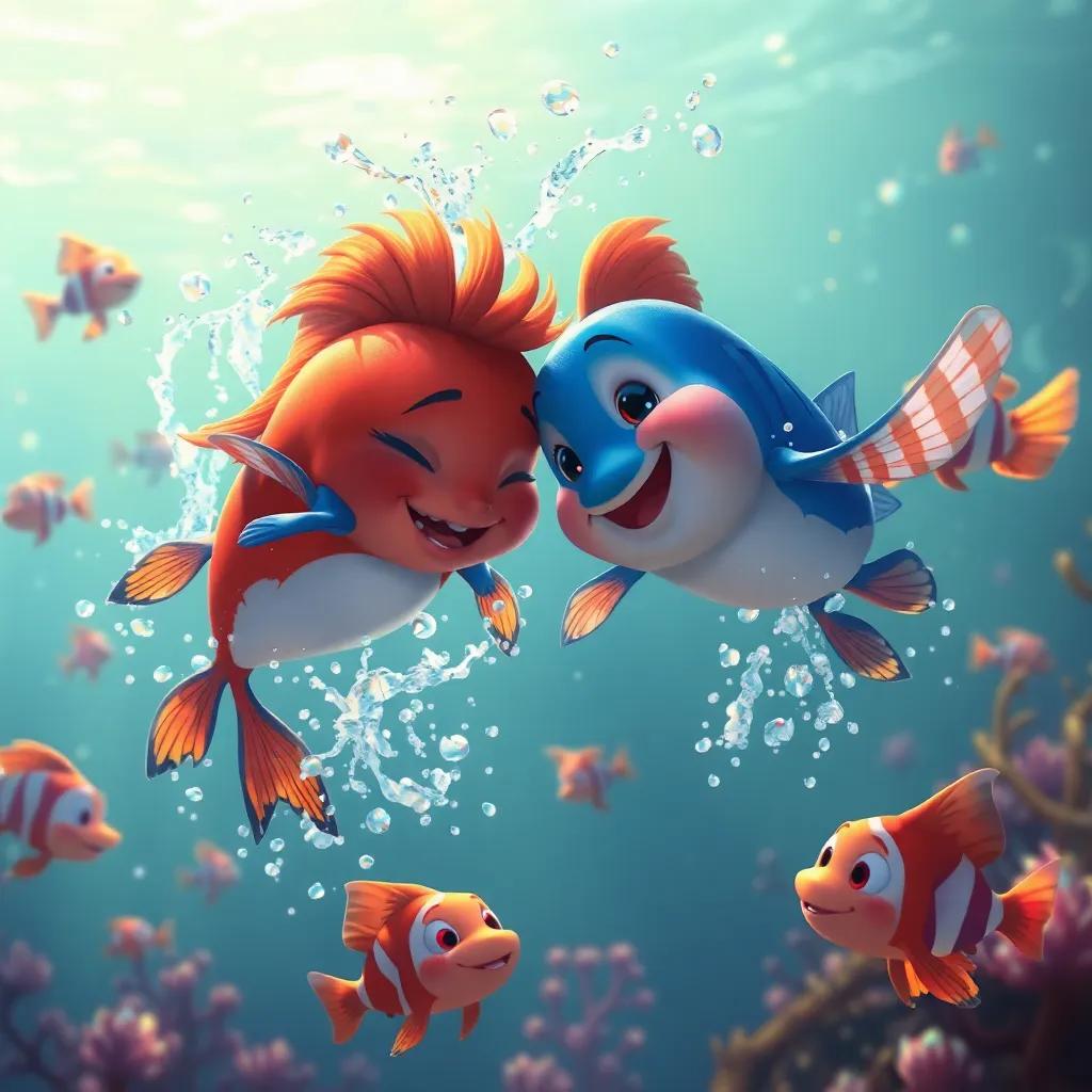 Loulou and Sukar playing together, splashing in the water, other fish watching them with curiosity and happiness, inviting underwater environment, detailed art, warm light, vibrant colors, joyful scene