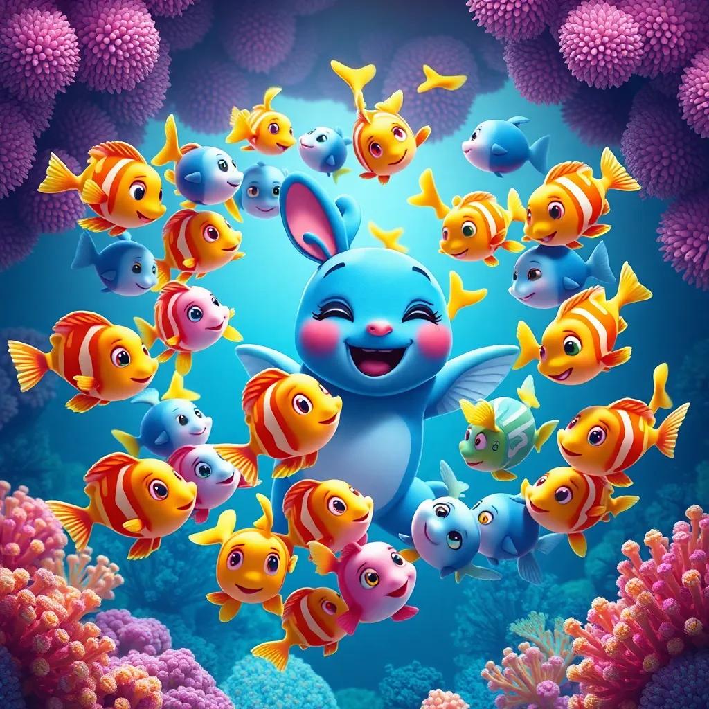 Loulou, now surrounded by many friendly fish, all playing together in a circle, happiness all around, colorful corals in the background, bright and lively atmosphere, high-quality digital art, heartwarming mood