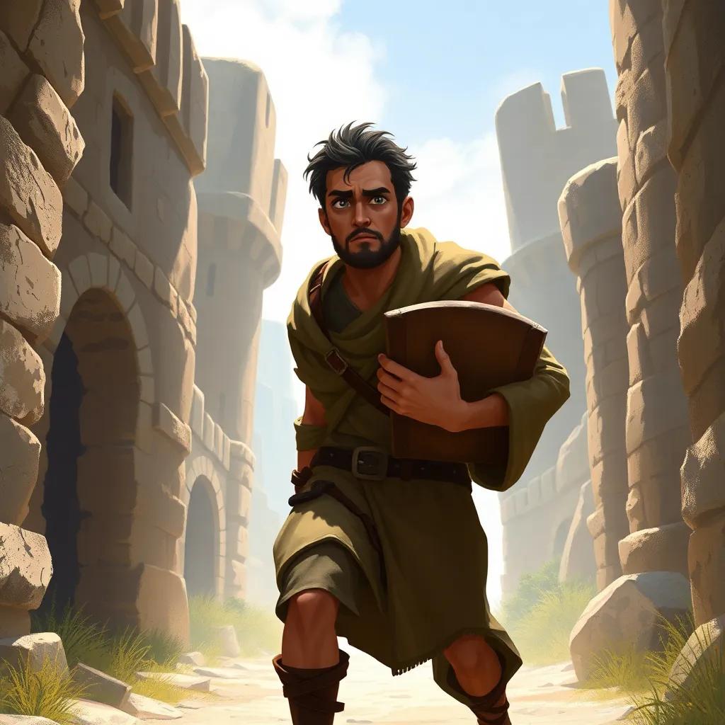 An agile man named Imru al-Qays, with tired eyes and a dusty robe, entering the fortress, holding a heavy chest, determined expression, digital painting, bright, hopeful light, high quality