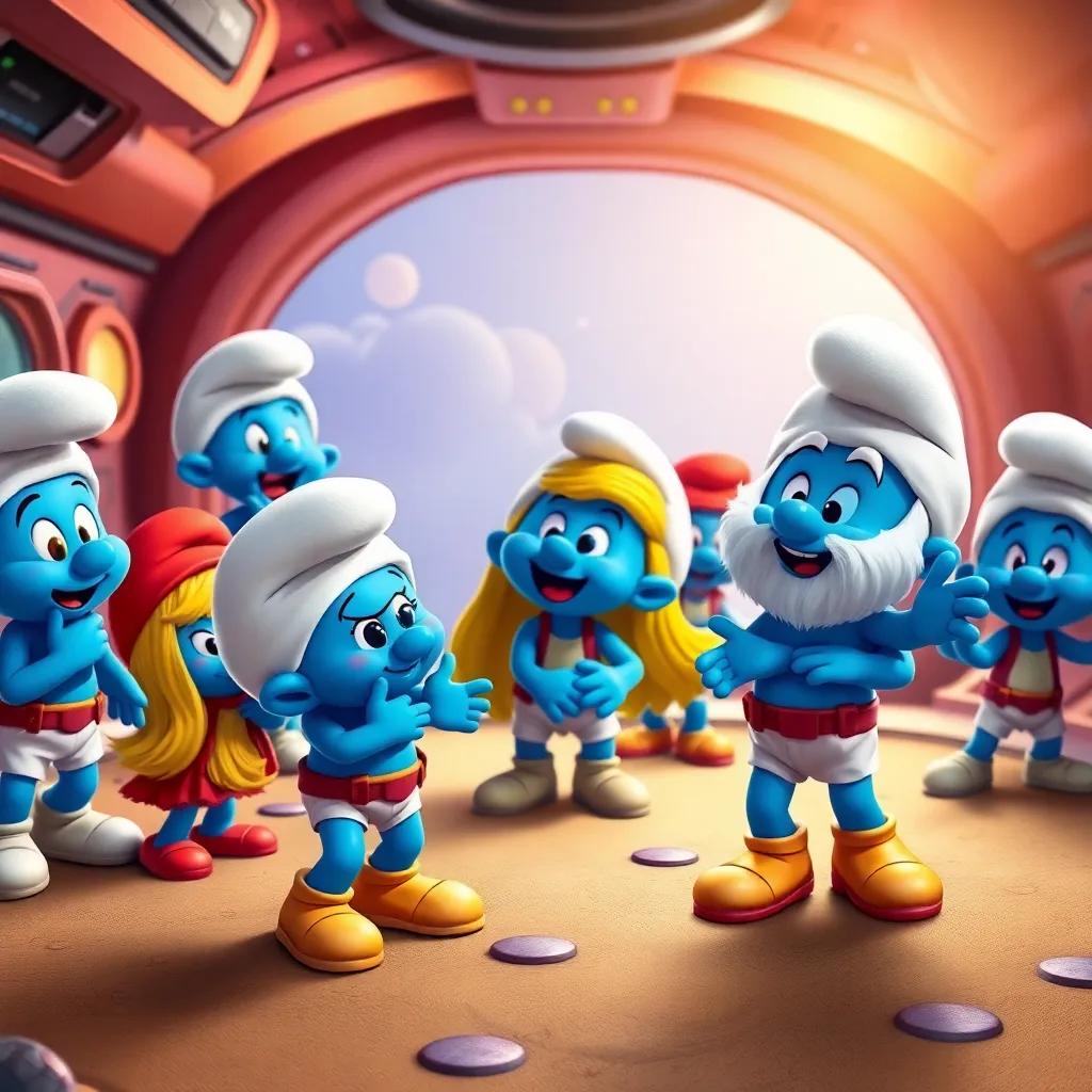 A group of small Smurfs playing joyfully at Space Toon station, colorful scenery, kids laughing, charming atmosphere, vivid colors, digital art, friendly and playful mood, spacepower.site