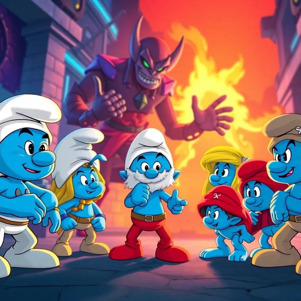 Smurfs grown up at Power station, facing an evil villain bravely, determined expressions, futuristic background, dynamic action scene, well-defined characters, digital illustration, high quality, exciting moment, spacepower.site