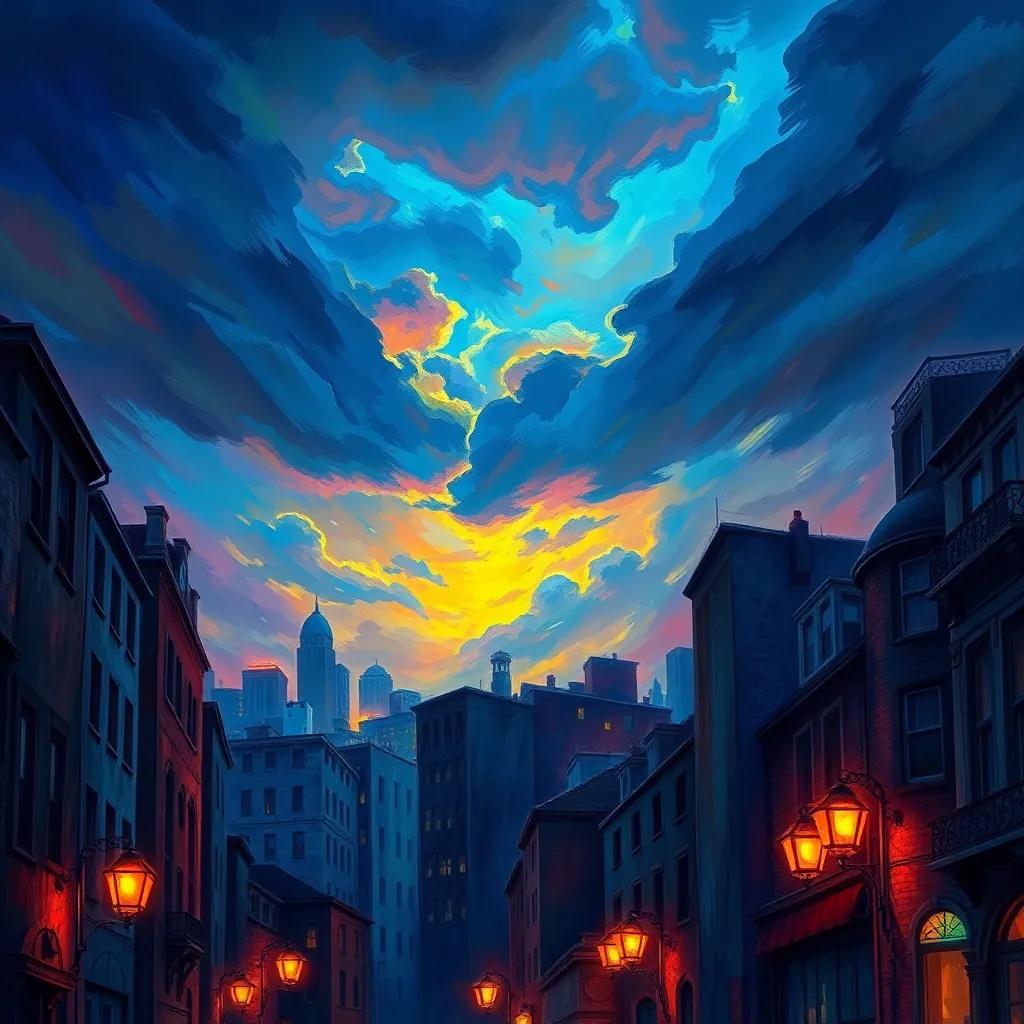 A mysterious city skyline with dark clouds and hints of magical light, featuring tall buildings, shadowy alleys, and flickering street lamps, digital art, vibrant colors, enchanting atmosphere, high quality