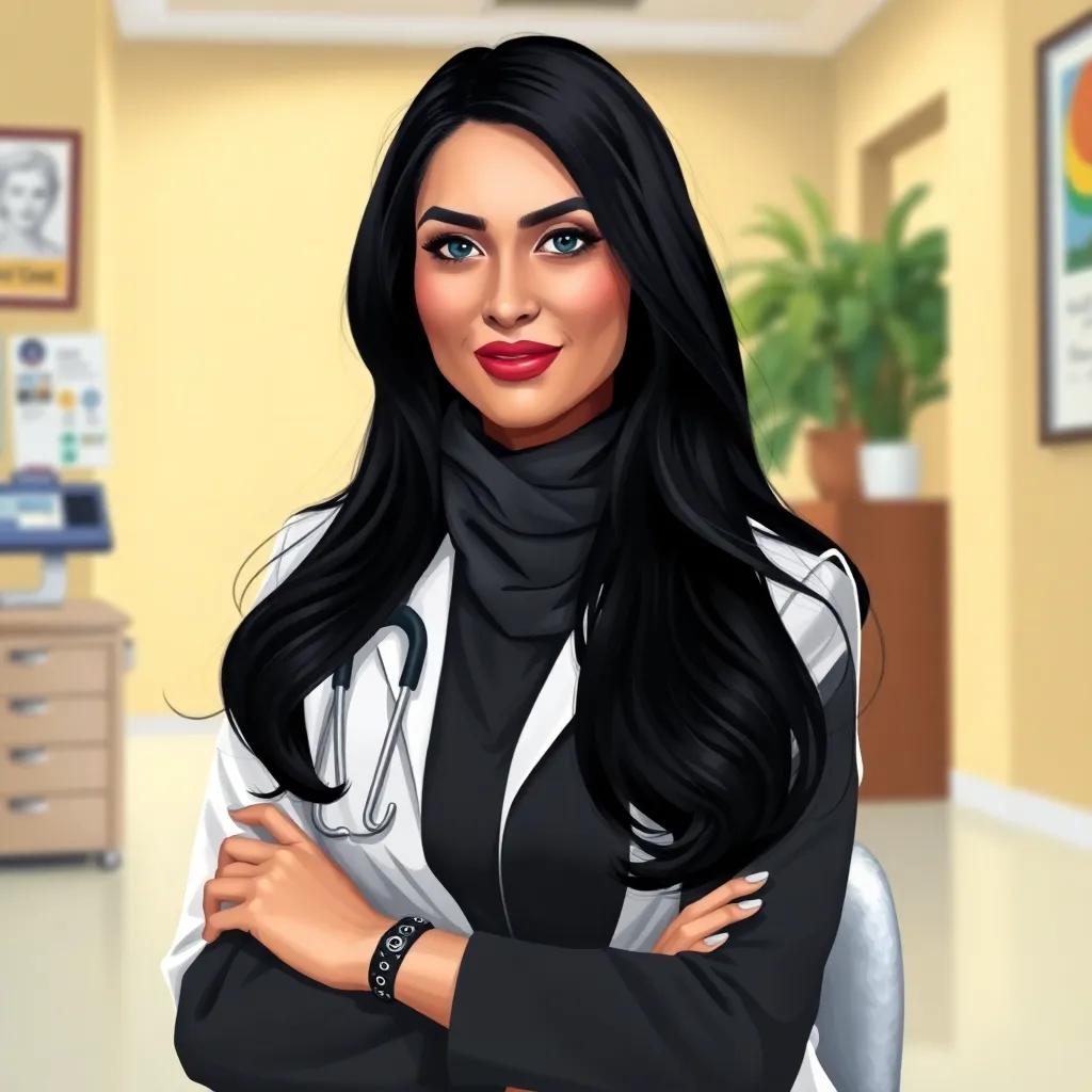 A confident Arab woman, Dr. Layla, with long black hair, wearing a stylish professional outfit, sitting in her clinic, radiating authority and calmness, digital painting, welcoming environment, high quality