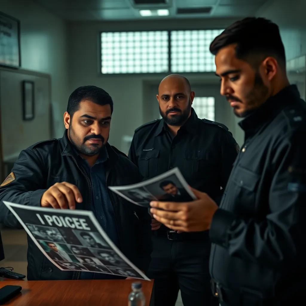 A police station in the morning, with a serious atmosphere. Sajid, a middle-eastern male, stern and strong, discussing a crime scene with Amr, a middle-eastern male, looking at murder photos, sharp focus, realistic, clear details