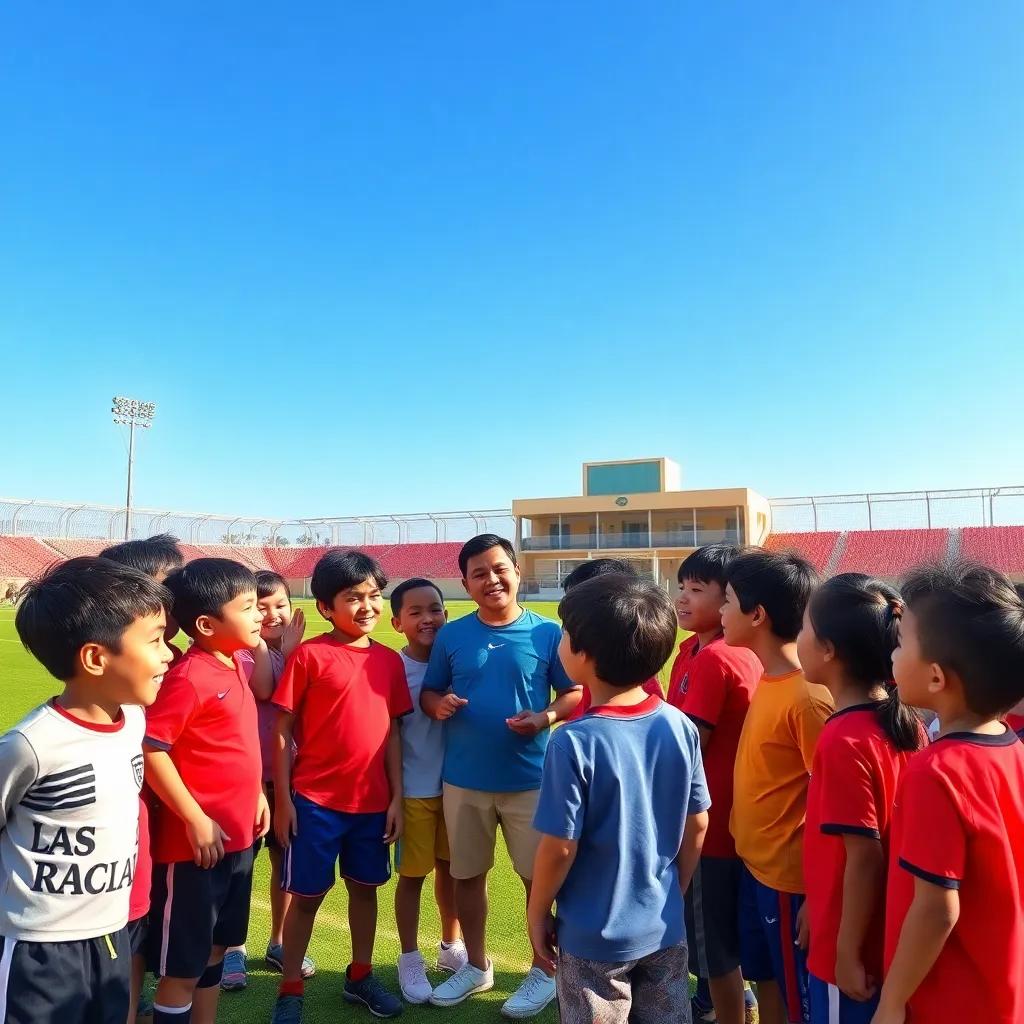 A group of excited children gathered at the Raja Casablanca sports field, with a bright blue sky above them, discussing their new coach, digital art, vibrant colors, cheerful atmosphere, high quality