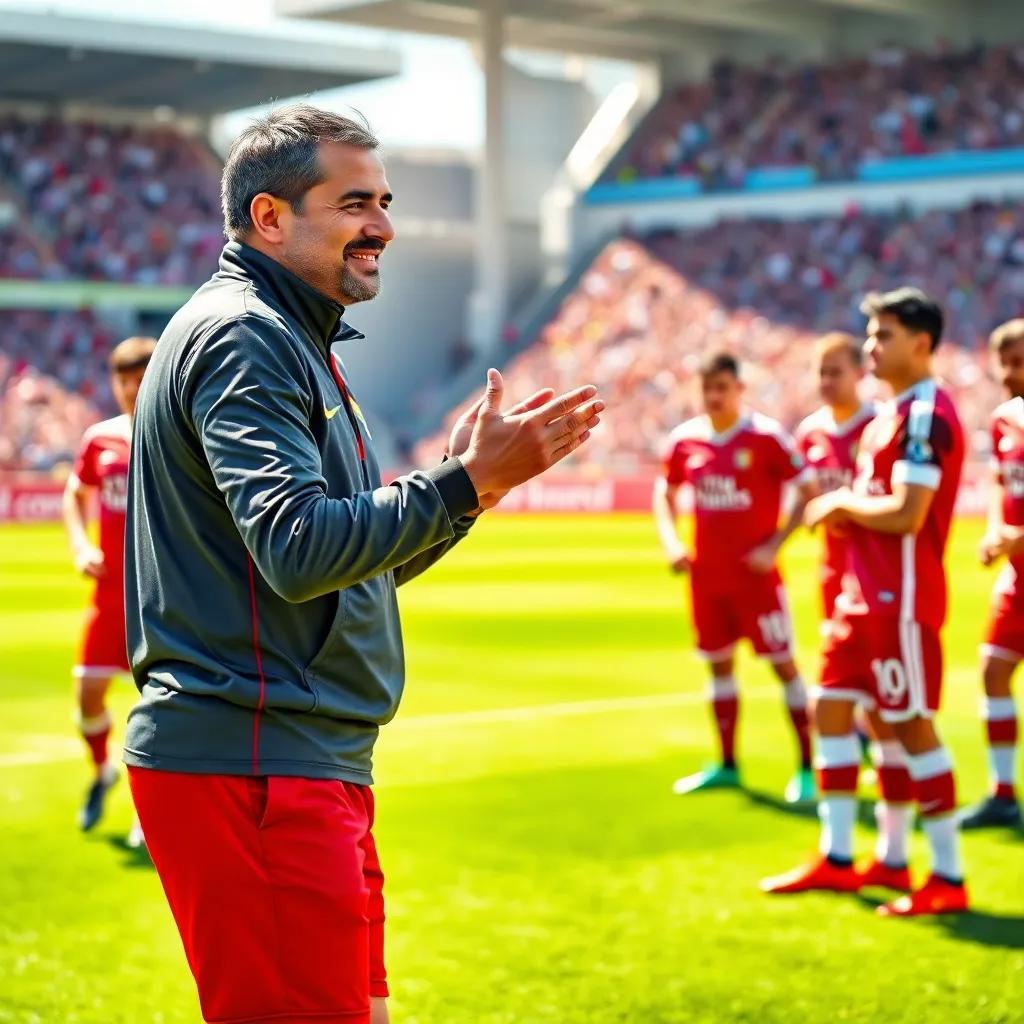 A determined football coach, Rachid Chabi, standing on the pitch with a smile, gesturing while talking to enthusiastic players, sunny day, bright green field, motivational spirit, digital painting, realistic, uplifting
