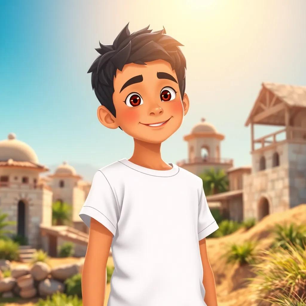 A young Arab boy, Sami, with short black hair wearing a white t-shirt, standing proudly at the edge of a village preparing for a challenge, bright sunny day, vibrant colors, uplifting atmosphere, cheerful