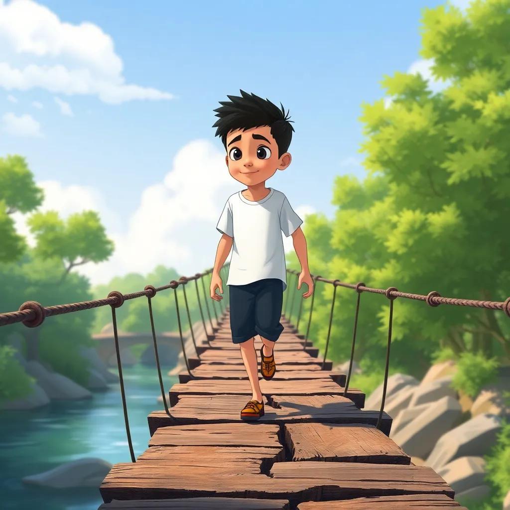 Sami, a young Arab boy with short black hair in a white t-shirt, courageously walking on a shaky old bridge over a river, surrounded by green trees and a clear sky, illustration, dramatic moment, impressive perspective, child-friendly