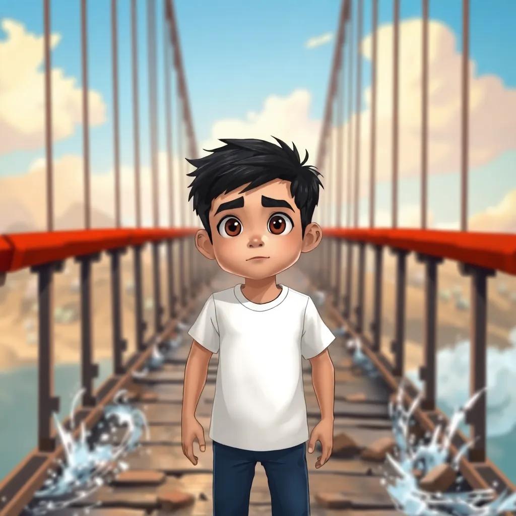 Sami, a young Arab boy with short black hair in a white t-shirt, standing in the middle of the shaky bridge with a determined look, the bridge shaking under his feet, colorful artwork, expressive scene, focus on bravery