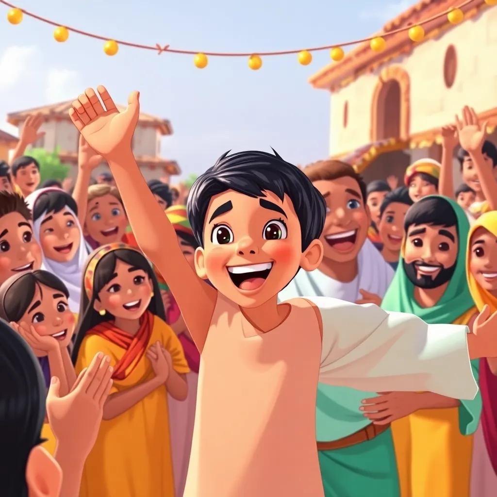 A cheering crowd in the village, watching Sami, a young Arab boy with short black hair, celebrating his victory after crossing the bridge, joyful expressions, bright colors, heartwarming scene, festive atmosphere