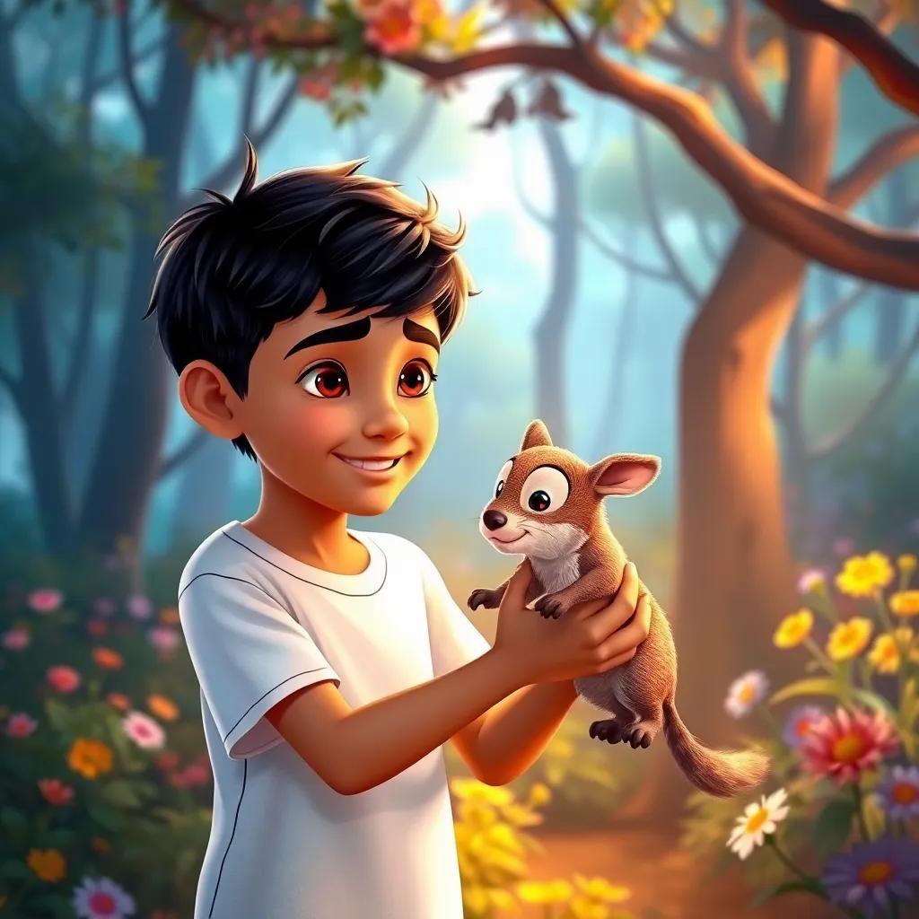 Sami, a young Arab boy with short black hair in a white t-shirt, helping a small animal in the forest, surrounded by trees and flowers, colorful and warm light, caring and nurturing scene, a moment of heroism