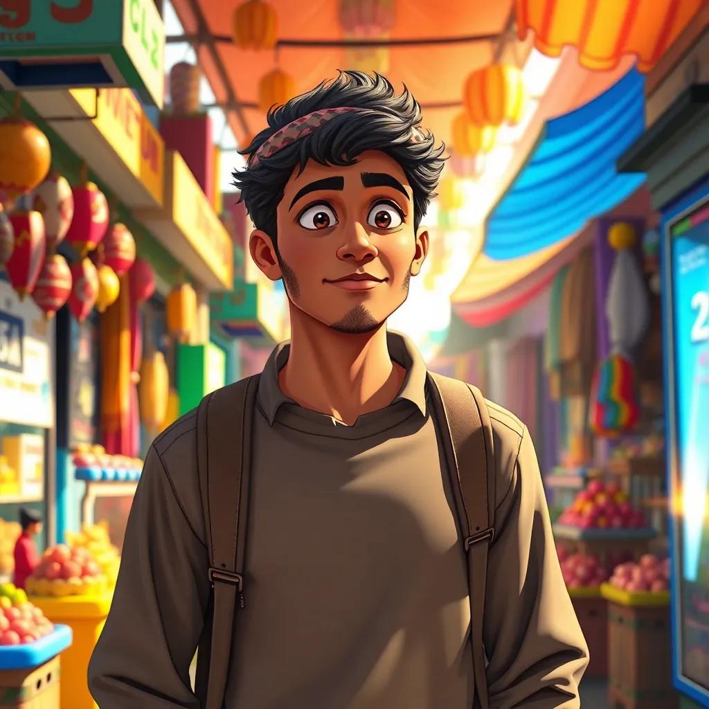 A determined young Arab man, Ali, wandering in a busy market looking for work with hopeful eyes, colorful shops around, warm sunlight, cheerful atmosphere, digital art, detailed, vibrant colors, engaging perspective, high quality