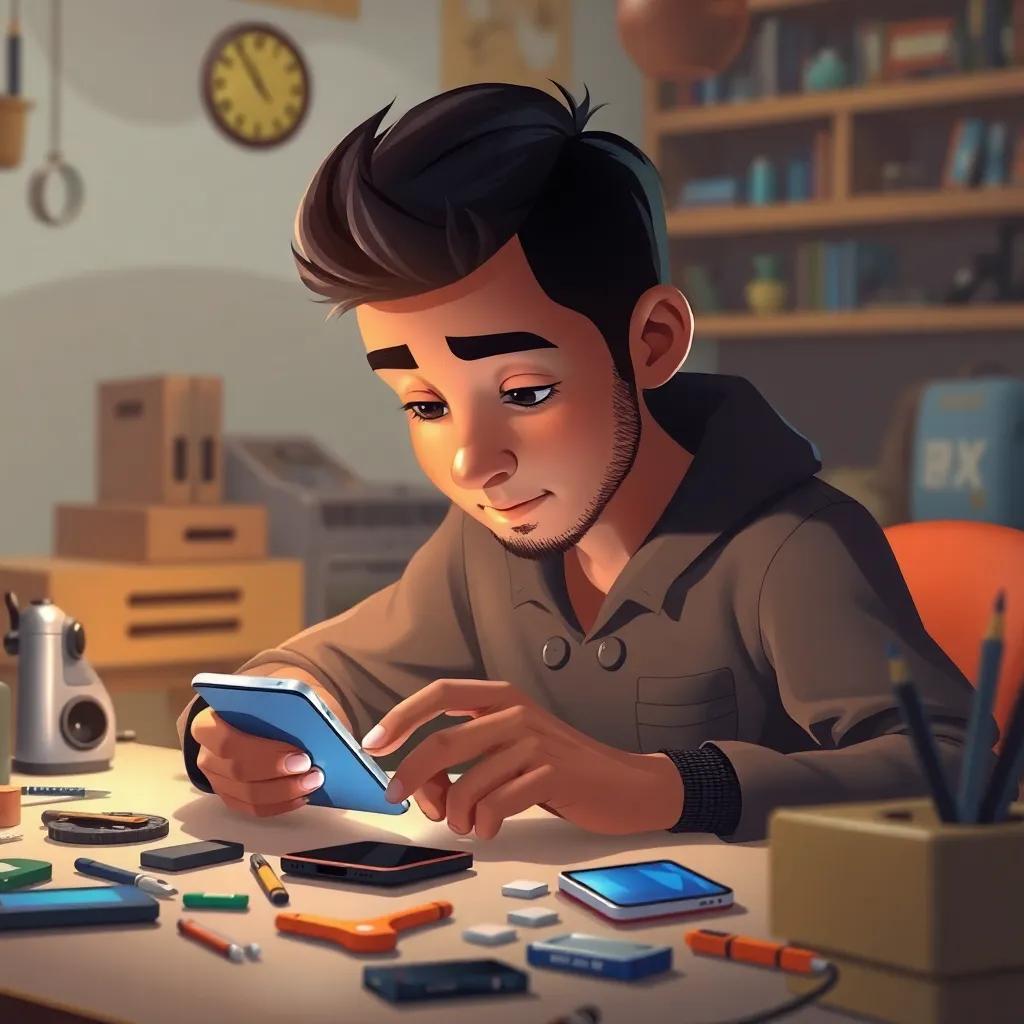 A young Arab man, Ali, working in a phone repair shop, focused on fixing a smartphone, tools scattered on the table, warm light illuminating his face, learning and concentration, realistic illustration, child-friendly, inspiring scene.