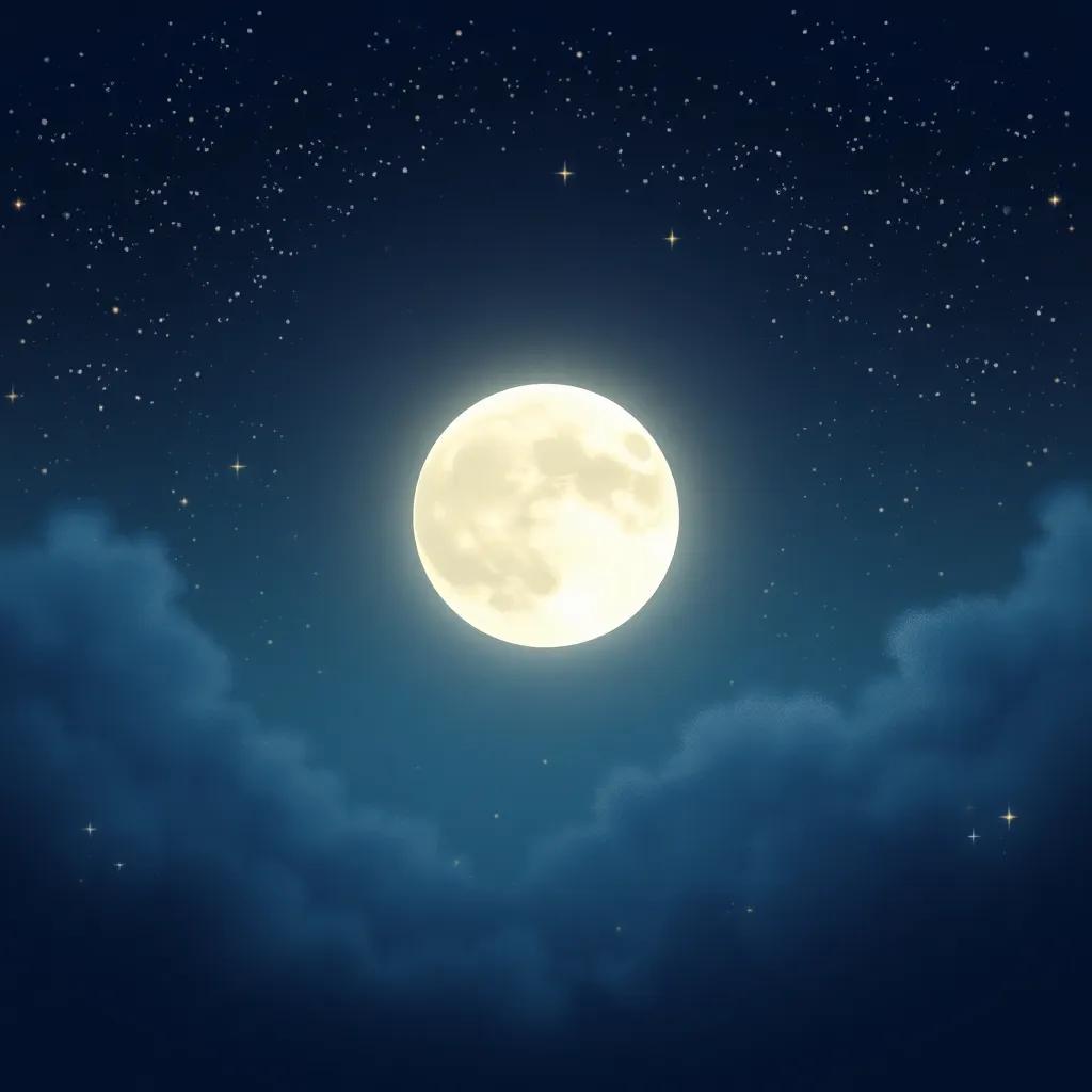 A glowing silver moon in a dark sky filled with shimmering stars, a soft breeze blowing, illustration, magical and serene, child-friendly